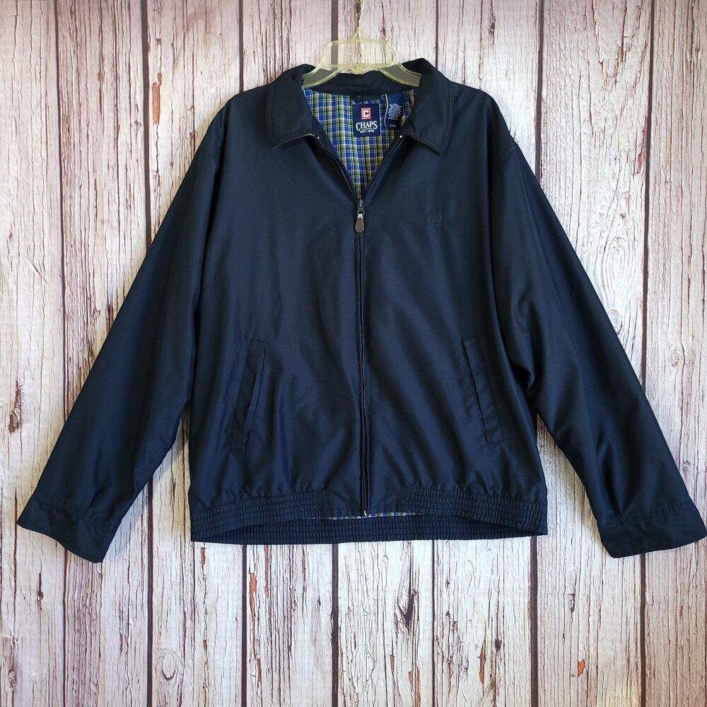 Chaps Men Navy Dad Bomber 90s Jacket Full Zip Lined Pockets Point Collar L VTG